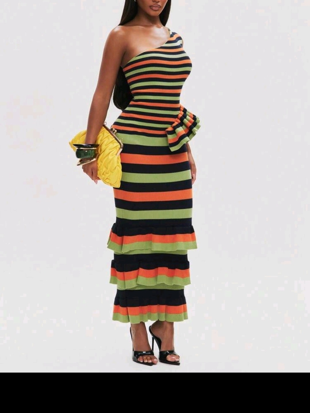 One-Shoulder Striped Peplum Maxi Dress in Black, Green & Orange
